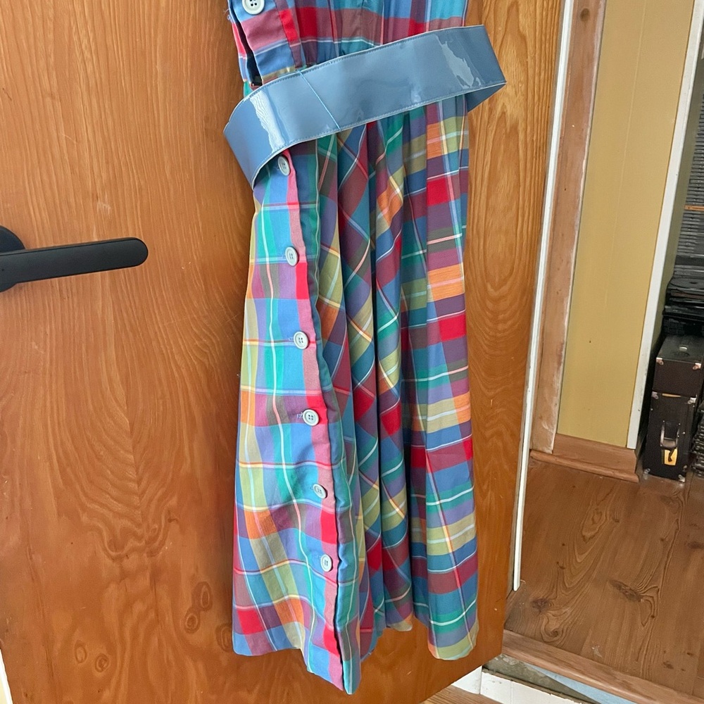 Vintage plaid picnic dress, blue & red with matching belt, side buttons, medium - Picture 10 of 10